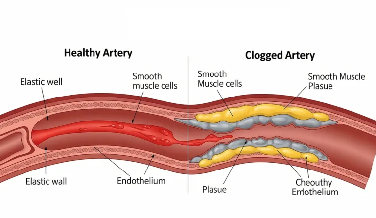 Medical diagram comparing a healthy artery to a clogged artery with atherosclerotic plaque buildup